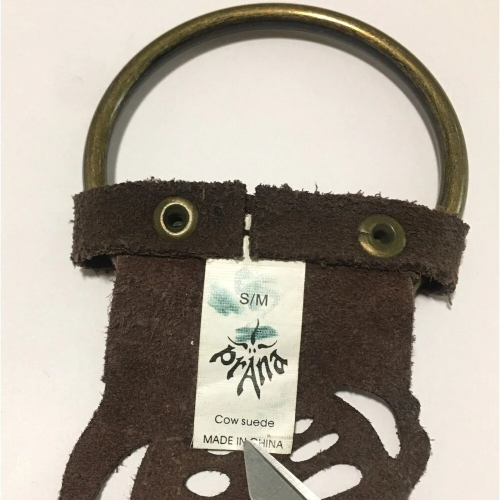 Prana Cut out Leather Belt Womens S/M Brown Suede Brass Ring Buckle